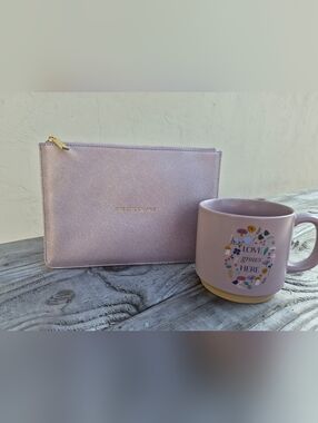 Katie Loxton Metallic "LIVE LOVE SPARKLE" Zip Pouch  & "LOVE GROWS HERE" Mug